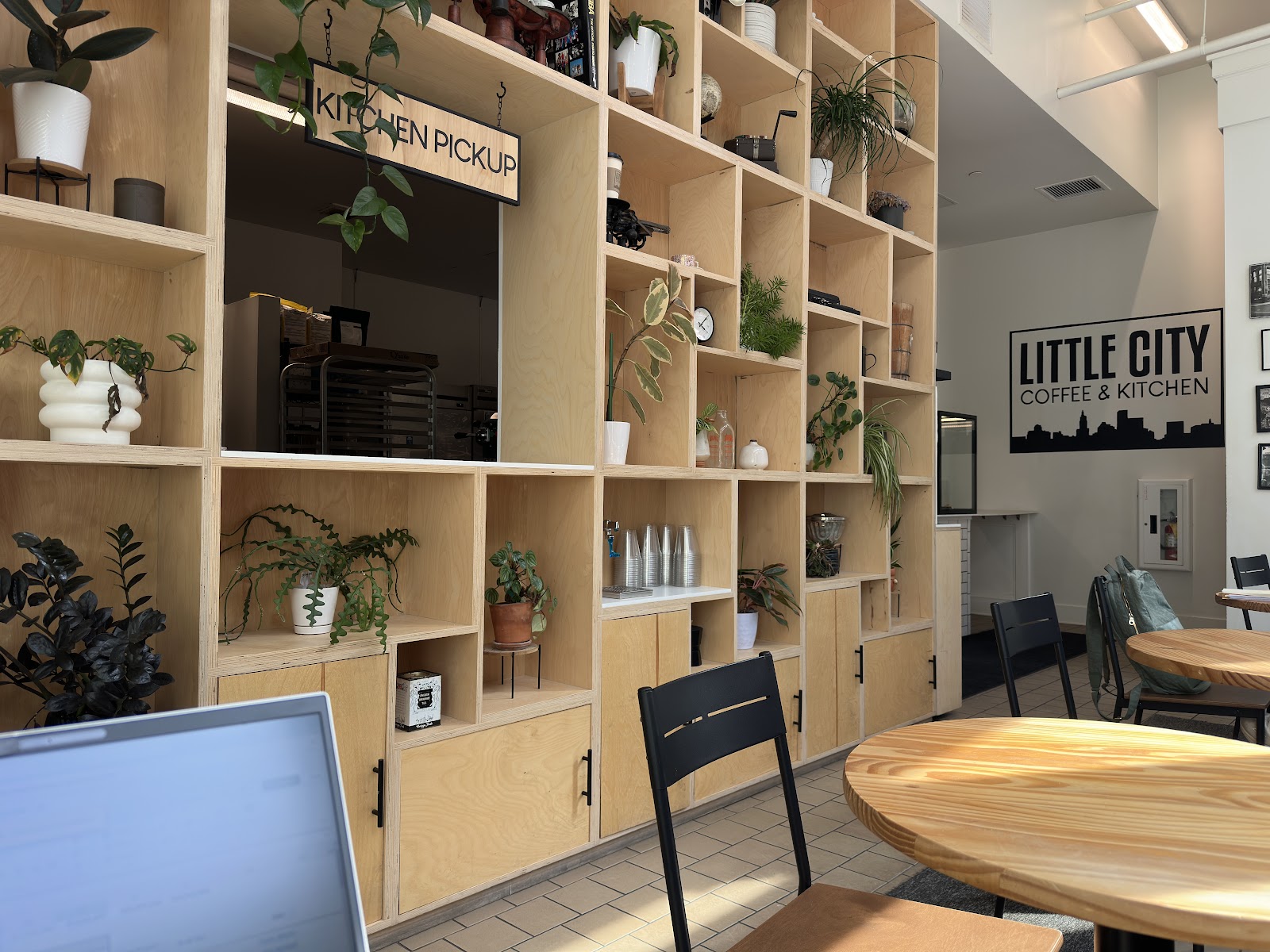 Little City interior — plywood shelving wall with plants